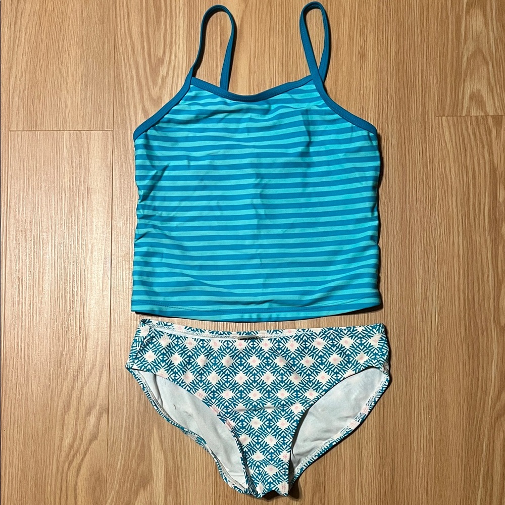 Old Navy Teal Stripe Tankini with Patterned Bottoms, size girls M 8